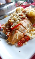 Fried squilla topped with salt pepper fried rice vermicelli noodles. Rainbow restaurant, Lamma Island, Hong Kong